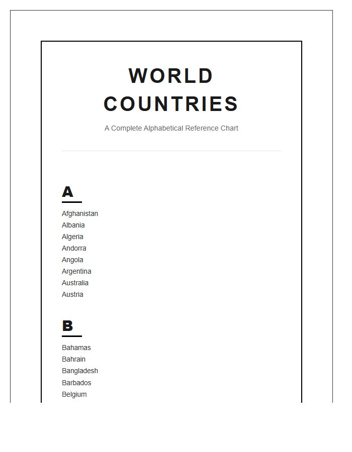 Large Format World Map Country Alphabet Printable Chart