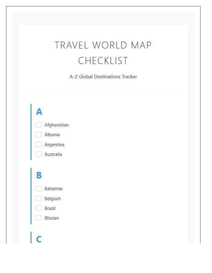 Travel World Map Country Alphabet Printable Chart