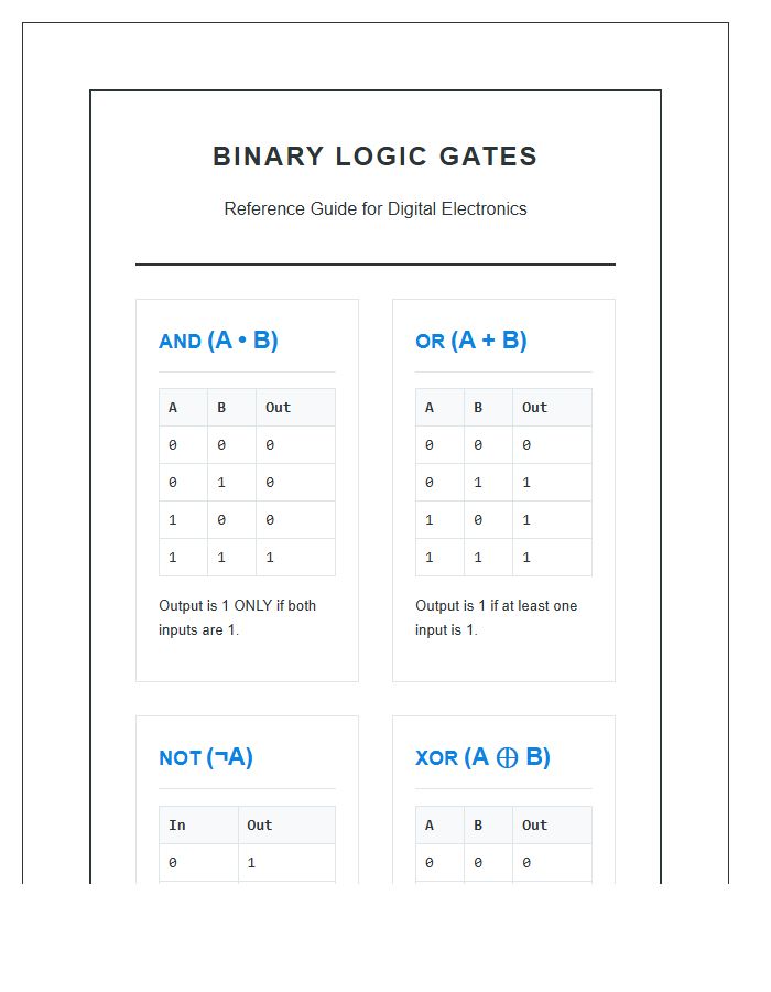 Student Binary Logic Printable Wall Chart