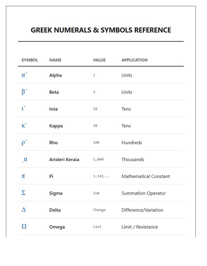 Greek Digits And Symbols Printable Chart