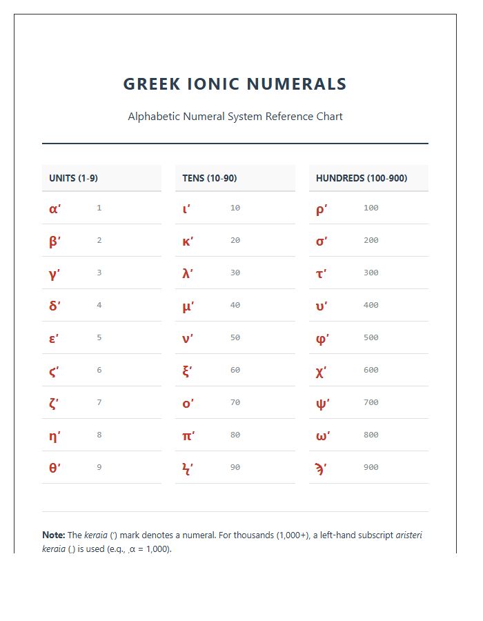 Ionic Greek Numerals Printable Chart With Symbols