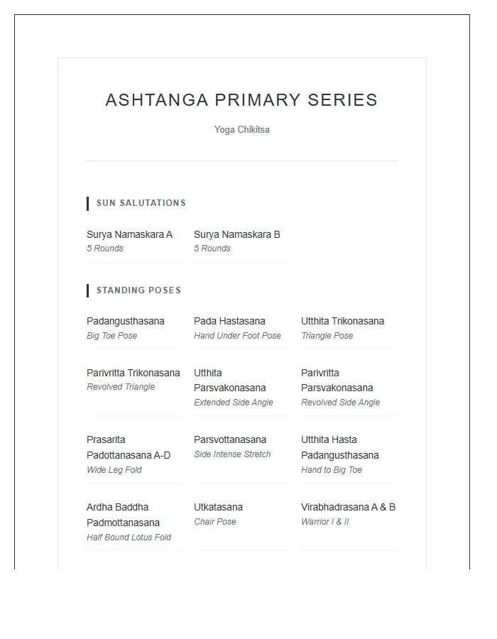 Ashtanga Yoga Sequence Printable Chart