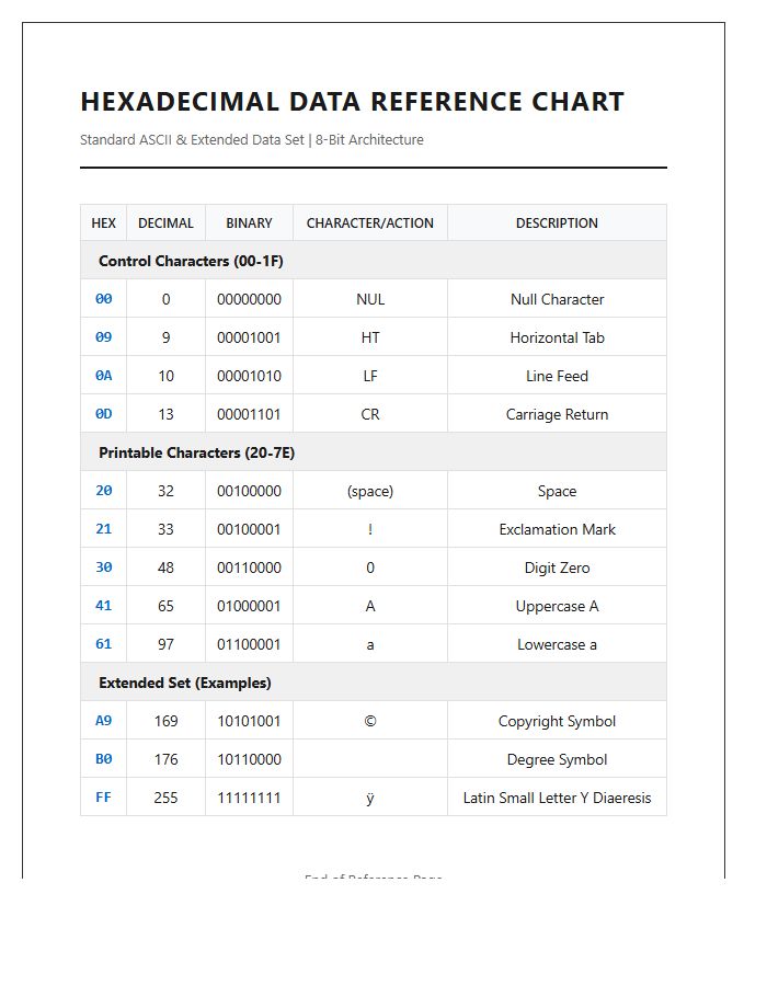 Comprehensive Hexadecimal Data Printable Chart Reference