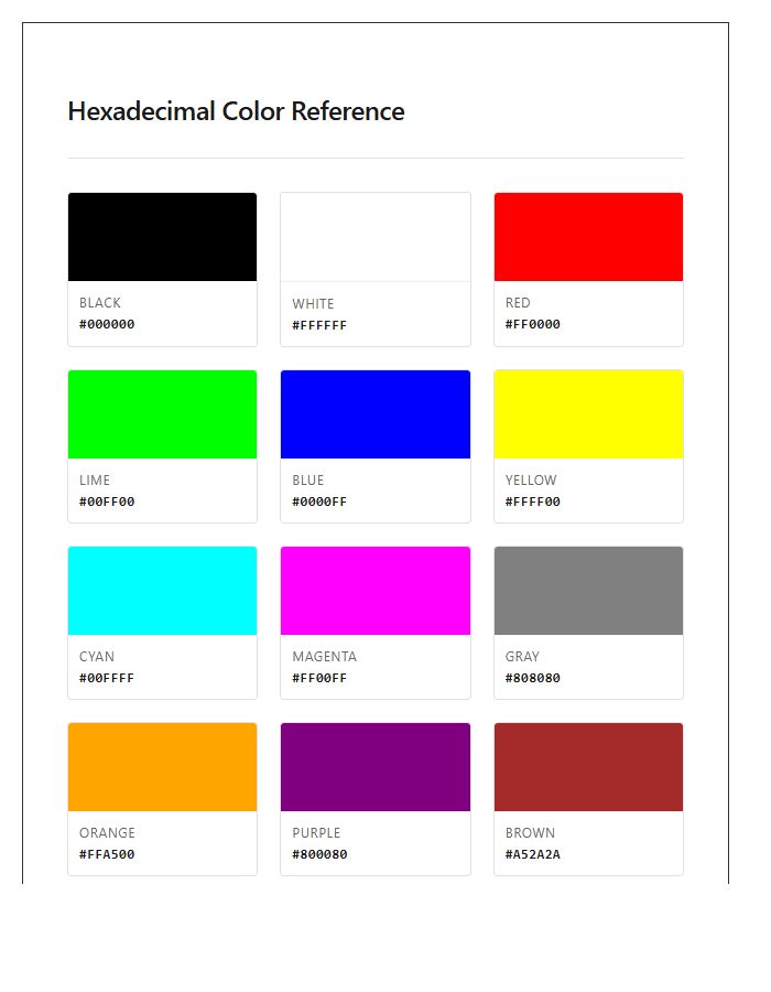 Hexadecimal Color Codes Printable Chart Reference