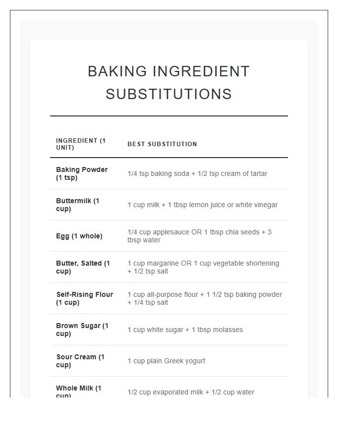 Baking Ingredient Substitution Printable Chart