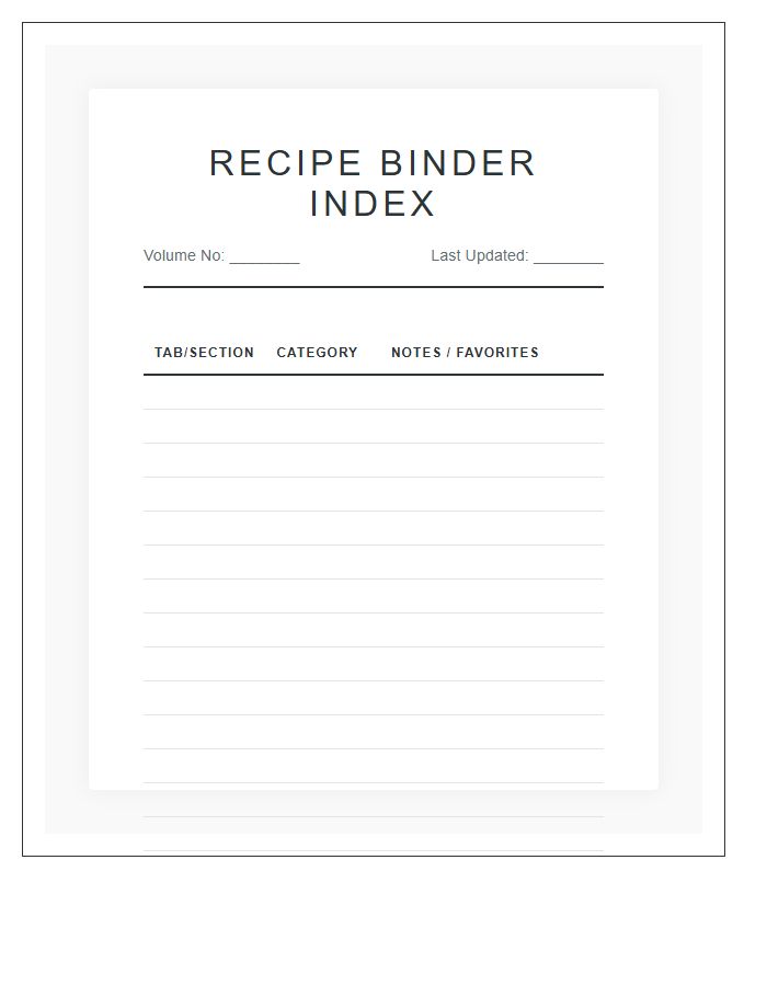 Blank Recipe Binder Organization Printable Chart