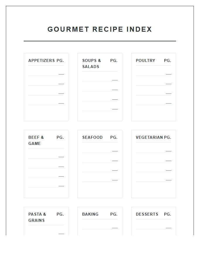 Gourmet Recipe Category Index Printable Chart