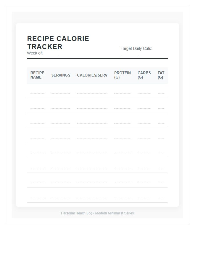 Healthy Recipe Calorie Tracking Printable Chart