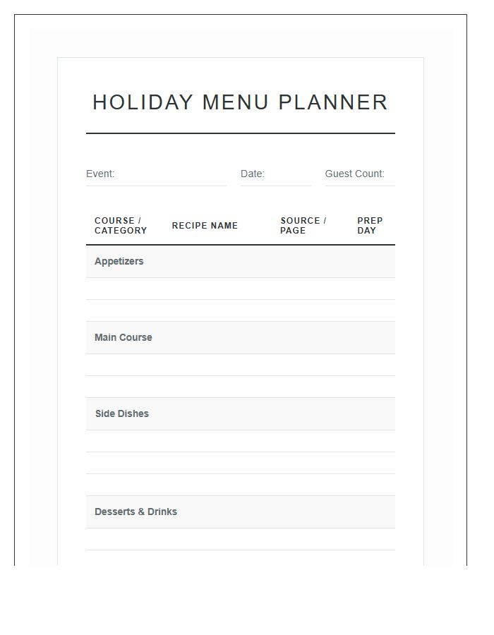 Holiday Menu Recipe Planning Printable Chart
