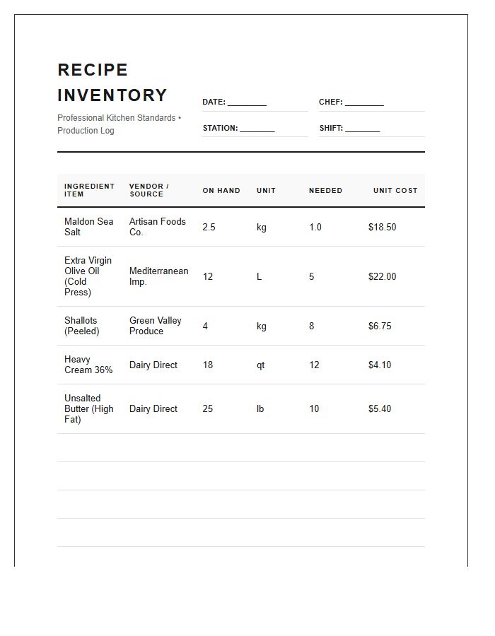 Professional Chef Recipe Inventory Printable Chart