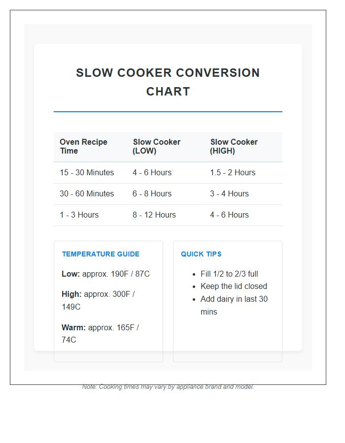 Slow Cooker Recipe Temperature Printable Chart