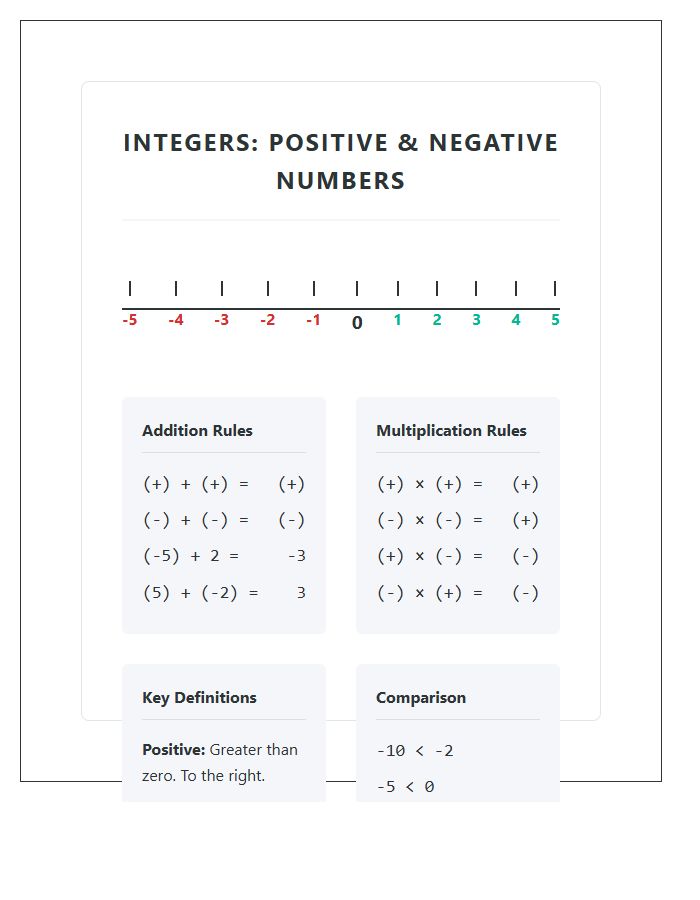 Elementary Math Positive And Negative Numbers Printable Chart