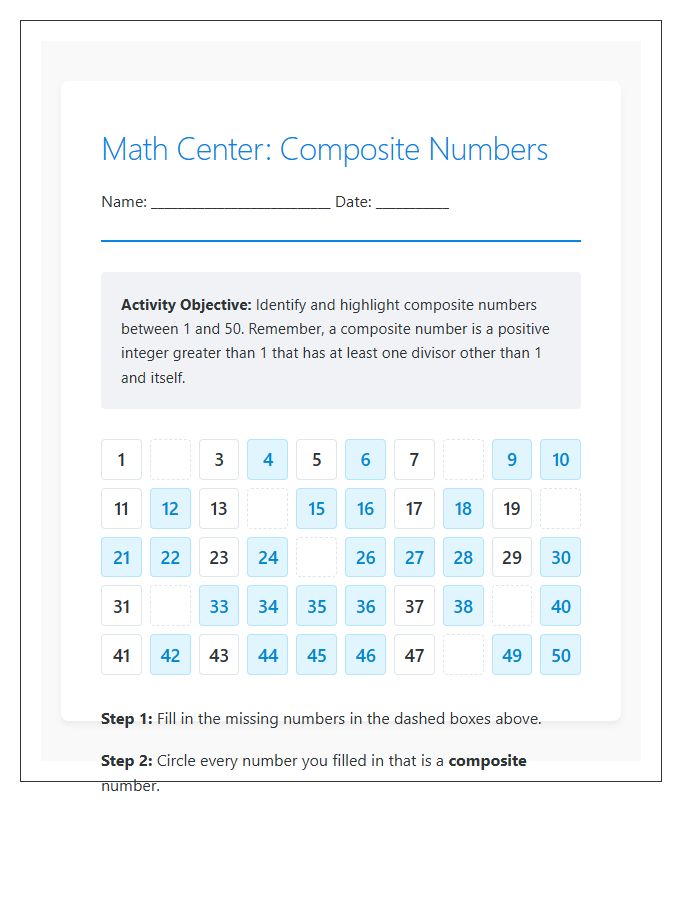 Math Center Composite Numbers Printable Chart Activity