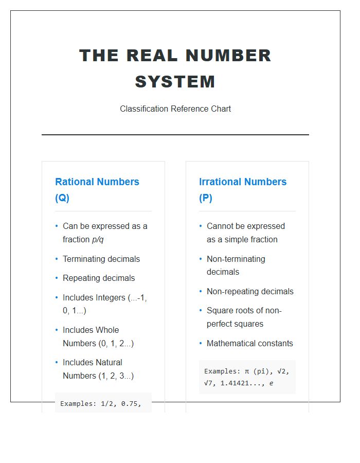 Rational And Irrational Numbers Classification Printable Chart