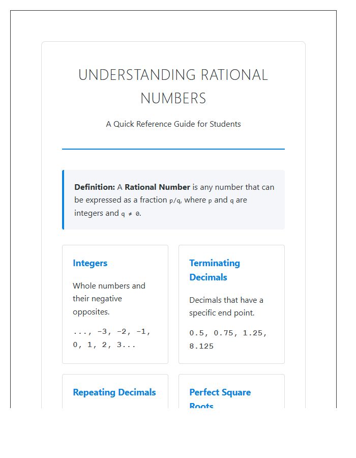 Understanding Rational Numbers Printable Chart For Students