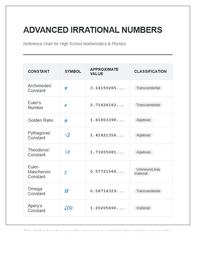 Advanced Irrational Numbers Printable Chart For High School