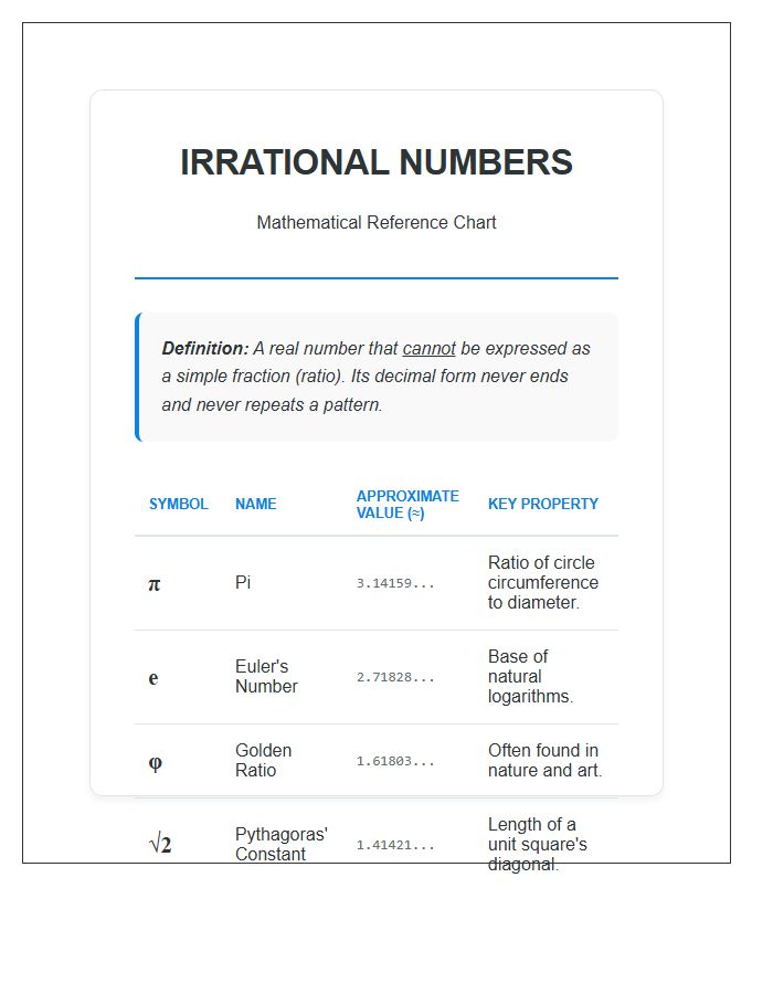 Classroom Math Reference Printable Chart For Irrational Numbers