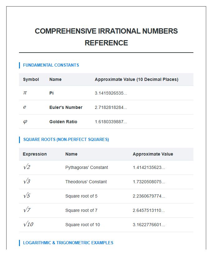 Comprehensive Irrational Numbers Printable Chart Reference