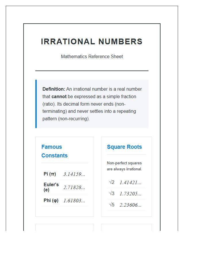 Educational Irrational Numbers Printable Chart For Teachers