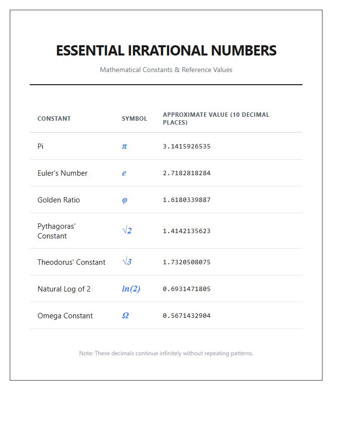 Essential Irrational Numbers Printable Chart Reference