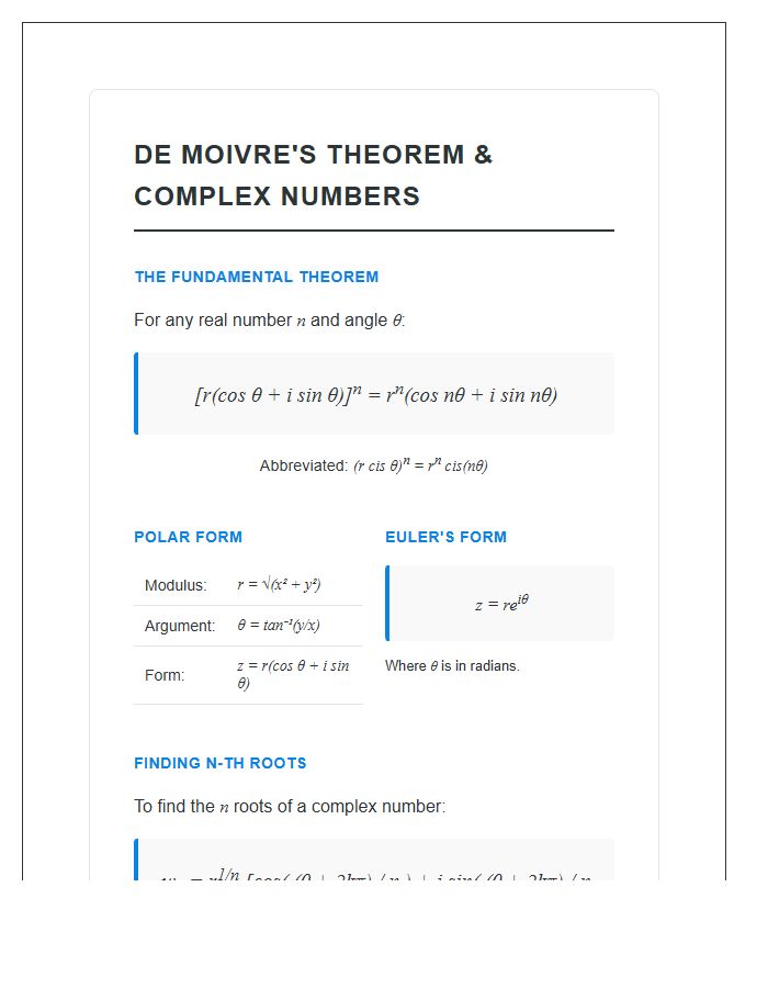 De Moivre Theorem Complex Numbers Printable Chart Reference Sheet
