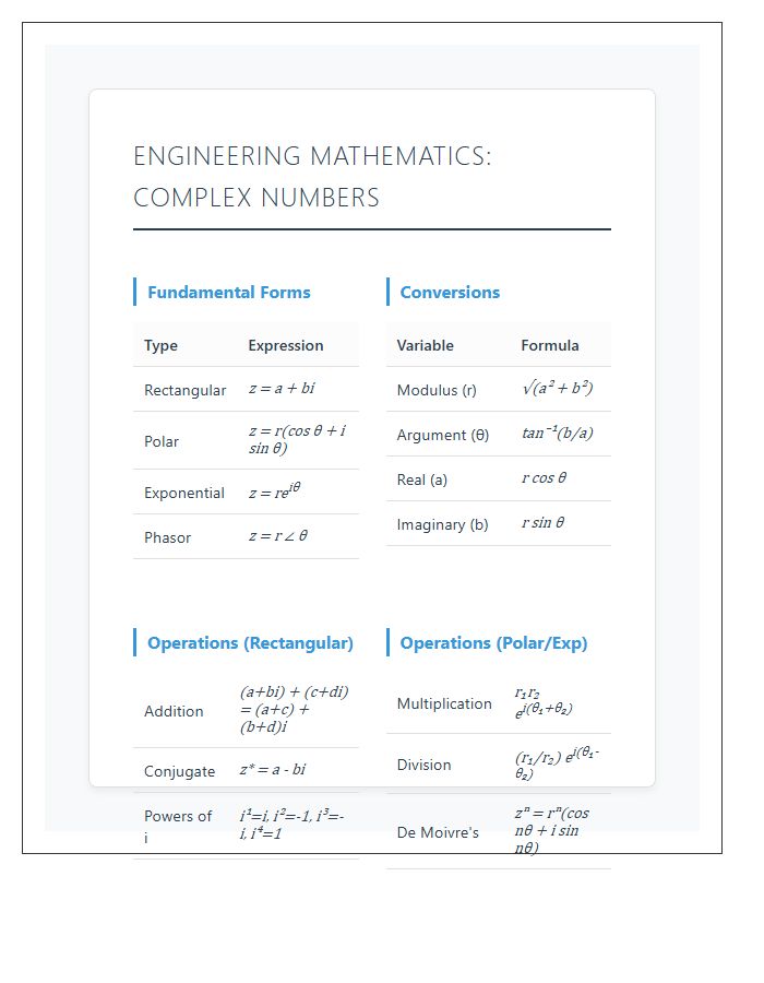 Engineering Mathematics Complex Numbers Printable Chart Guide