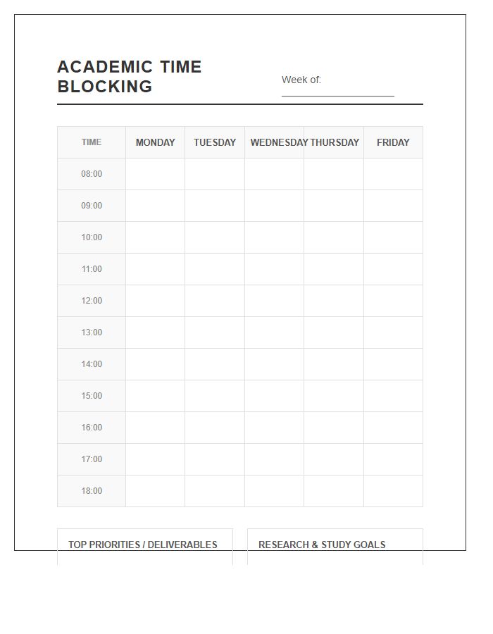 Academic Time Blocking Printable Chart
