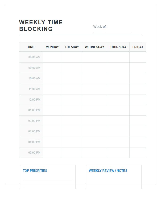 Business Time Blocking Printable Chart
