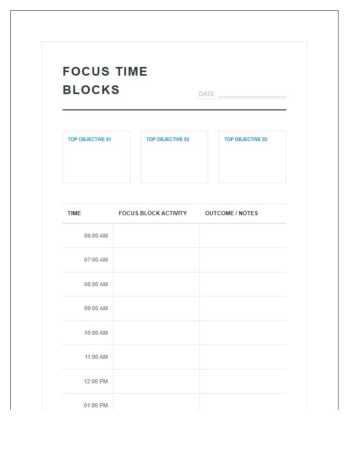 Focus Time Blocking Printable Chart