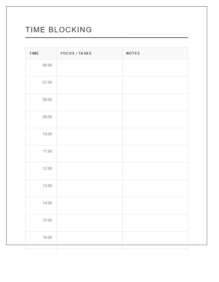 Minimalist Time Blocking Printable Chart