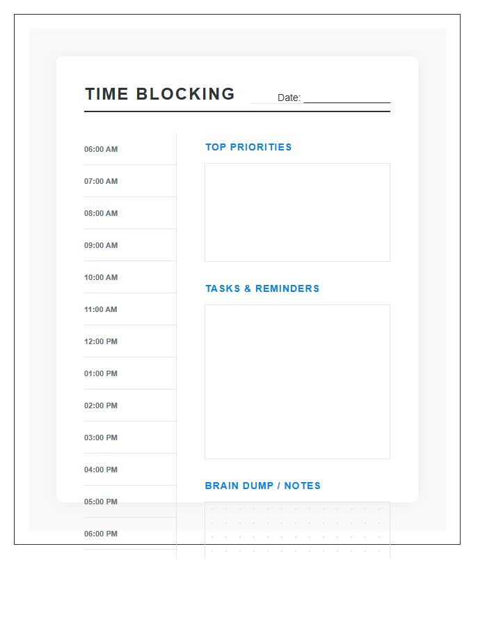 Productivity Time Blocking Printable Chart