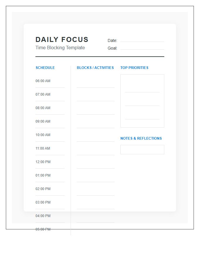 Professional Time Blocking Printable Chart