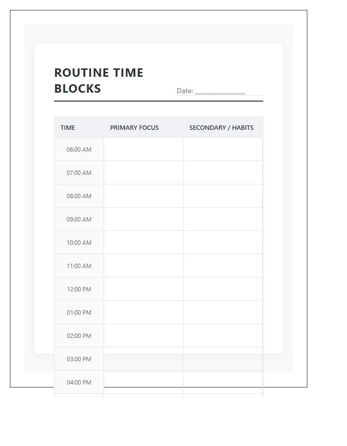 Routine Time Blocking Printable Chart