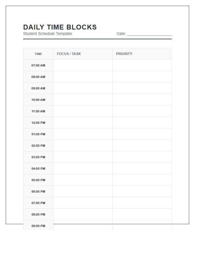 Student Time Blocking Printable Chart
