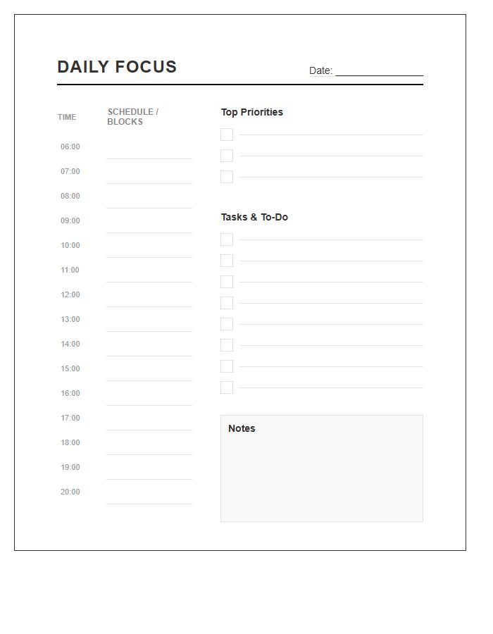 Task Management Time Blocking Printable Chart