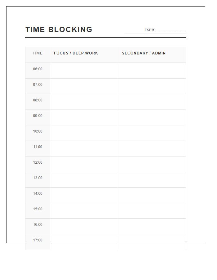 Visual Time Blocking Printable Chart