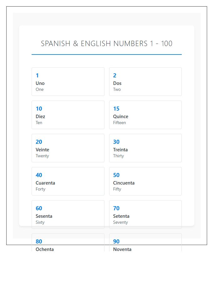 Bilingual Spanish Numbers One To One Hundred Printable Chart