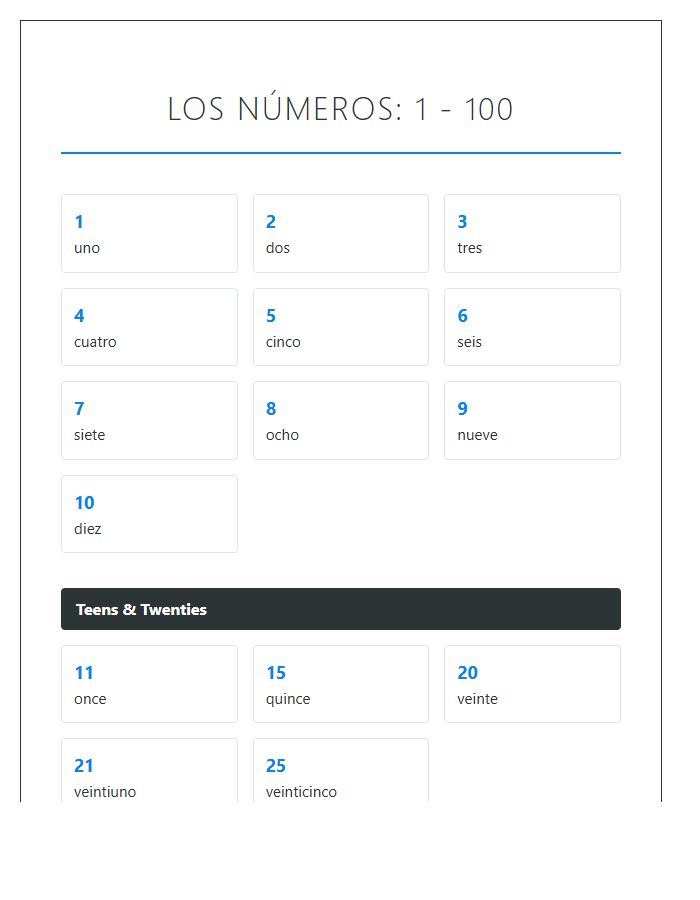 Classroom Spanish Numbers One To One Hundred Printable Chart
