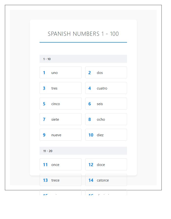 Spanish Numbers One To One Hundred Printable Learning Chart