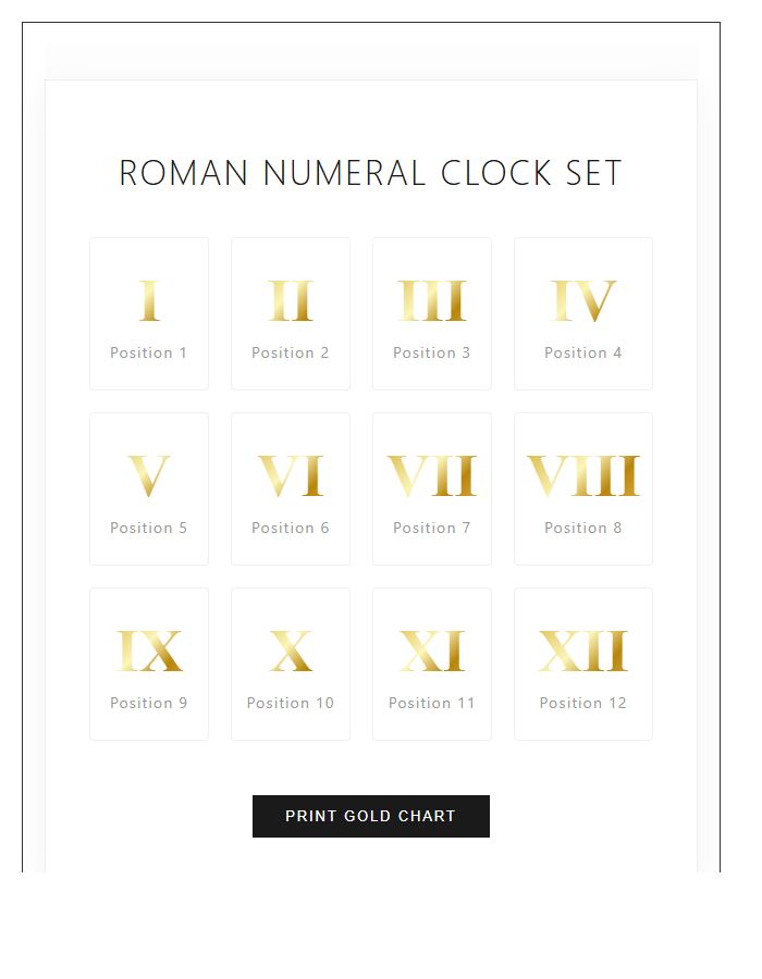 Gold Roman Numerals Clock Numbers Printable Chart