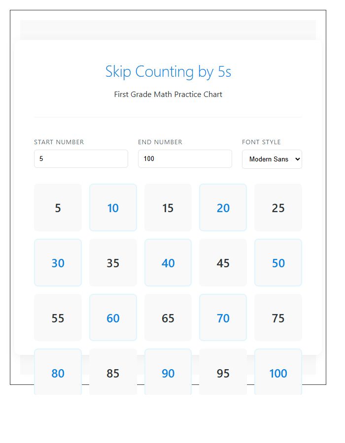 First Grade Counting By Fives Numbers Printable Chart Tool