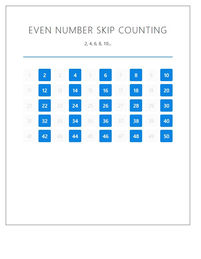 Even Number Skip Counting Printable Chart