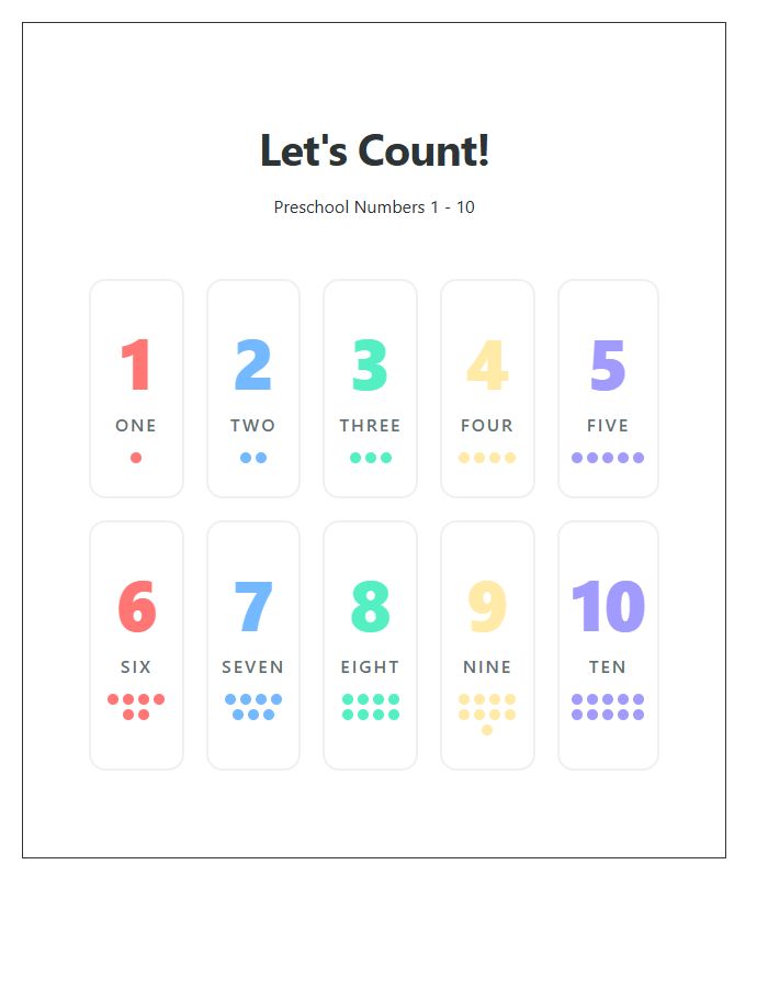 Preschool Counting Numbers Printable Chart For Beginners