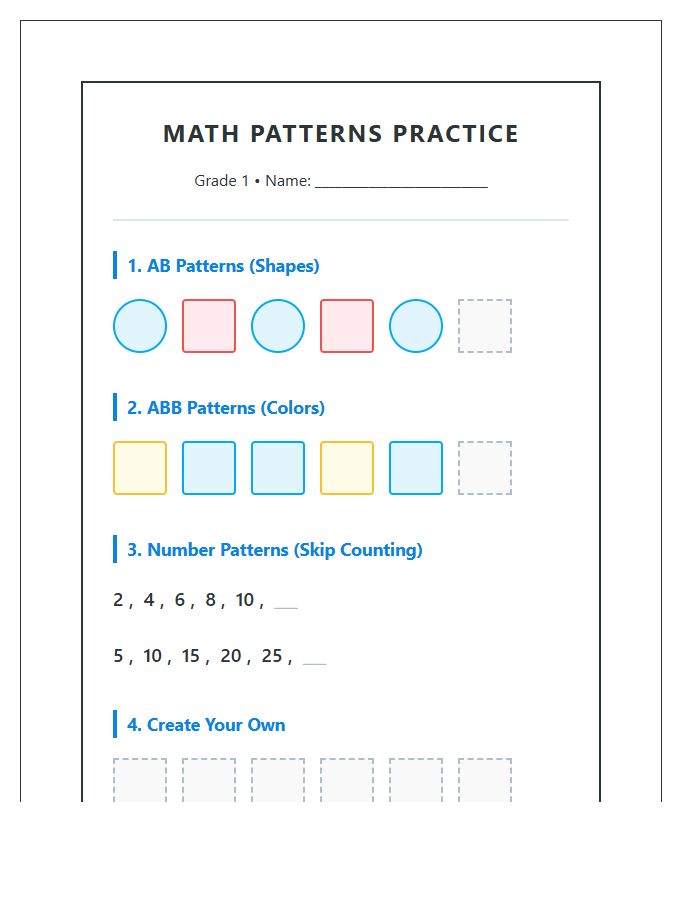 First Grade Math Patterns Printable Chart