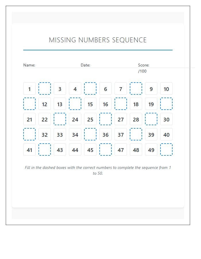 Missing Numbers Sequence Math Printable Chart