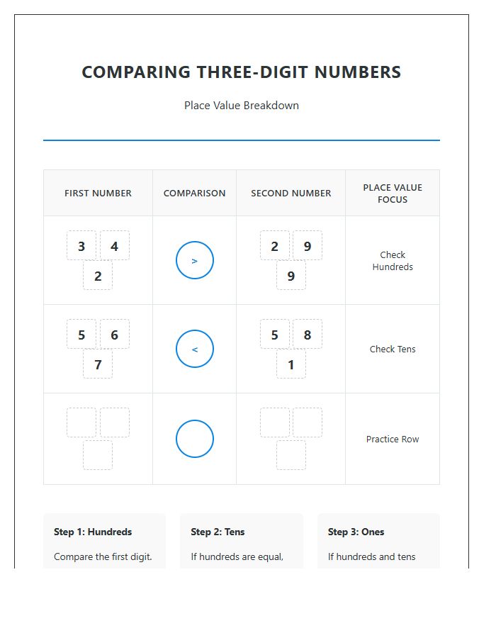 Comparing Three Digit Numbers Place Value Printable Chart