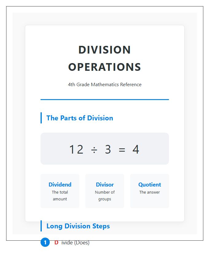 Fourth Grade Division Anchor Printable Chart