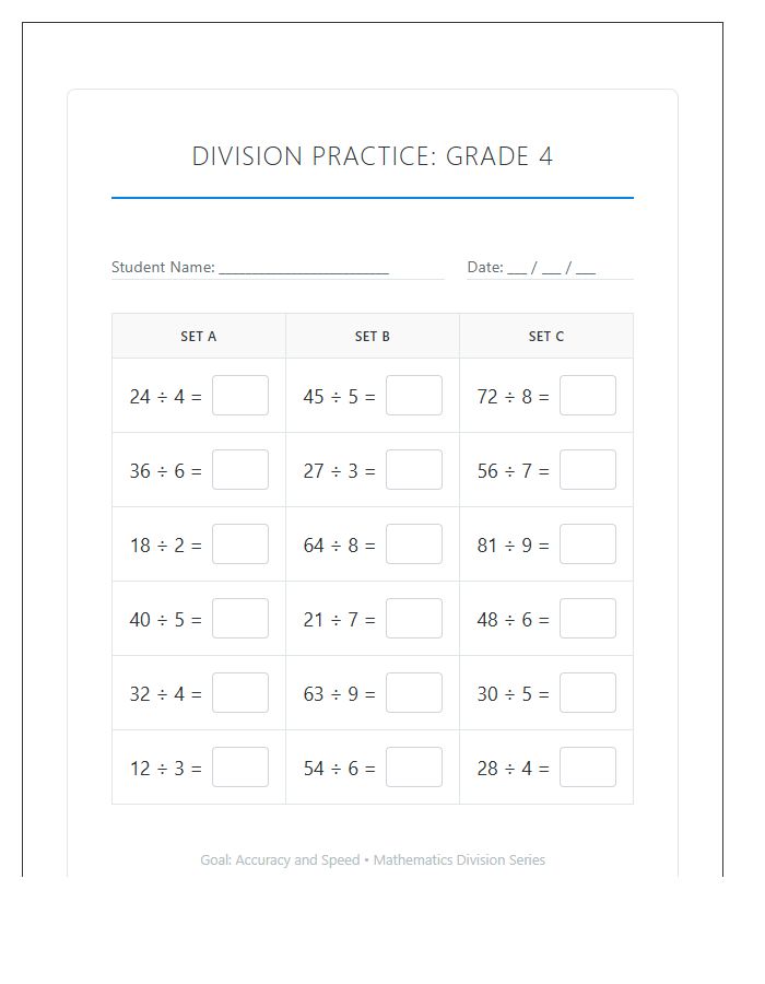 Student Practice Division Printable Chart for Fourth Grade