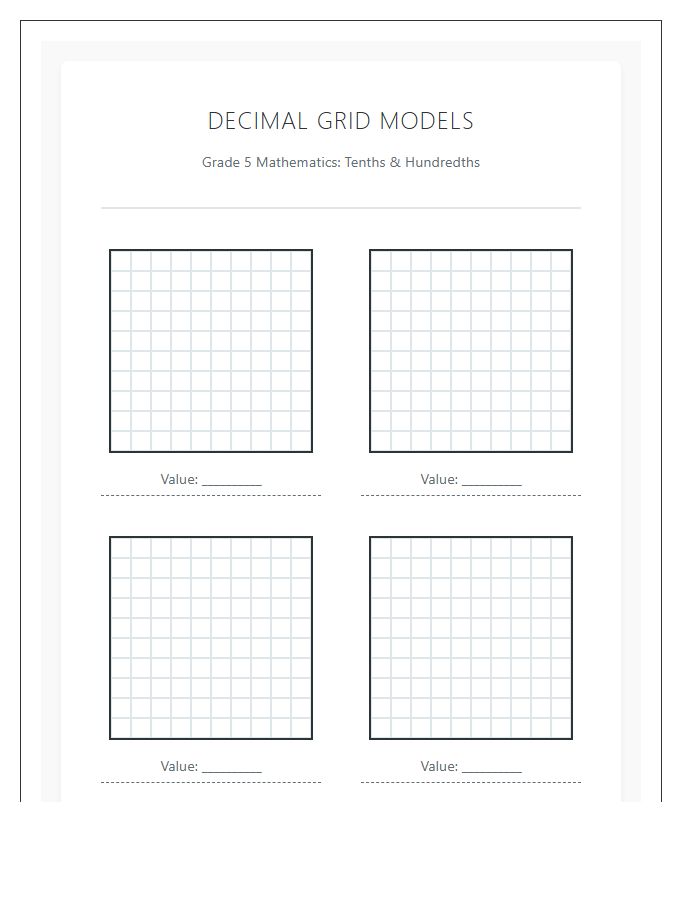 Printable Chart for Fifth Grade Decimal Grid Models