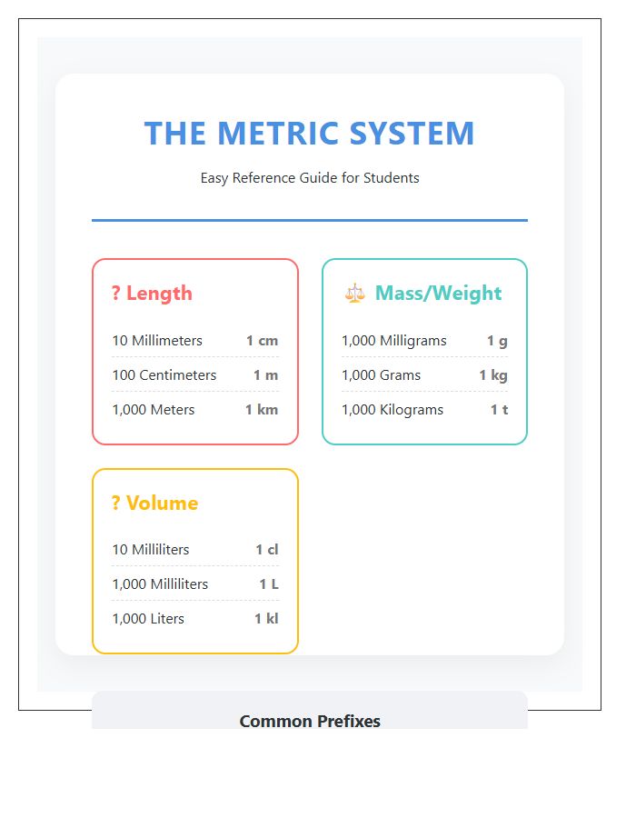 Kids Metric System Units Numbers Printable Chart